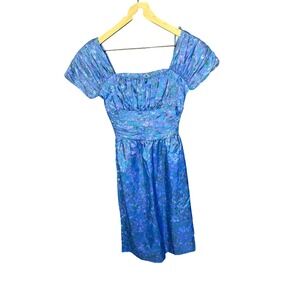 Jonathan Logan Vintage Blue Floral Ruched Dress L Loose Threads On Neckline!